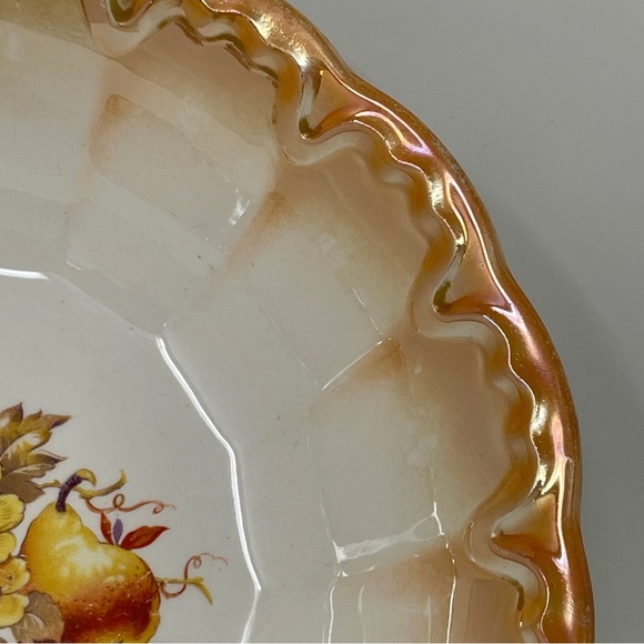 Vintage Homer Laughlin Round Serving Dish Bowl Orange Trim Iridescent White - Picture 4 of 13